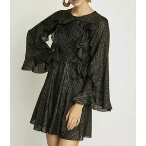 BCBGMAXAZRIA Metallic Stripe Mini Dress Small Black Flare‎ Ruffle Bell Sleeve